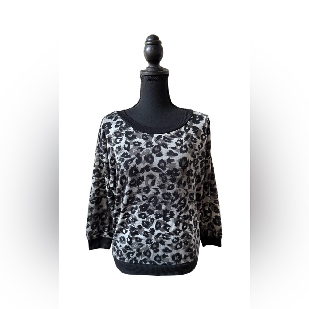 No Boundaries Black and Gray Leopard Print Sweater with Lace Back Detail